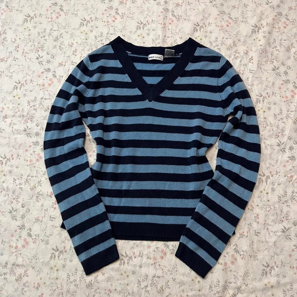 Y2k Wet Seal Striped V Neck Sweater Navy Blue Stretchy Grunge 2000s